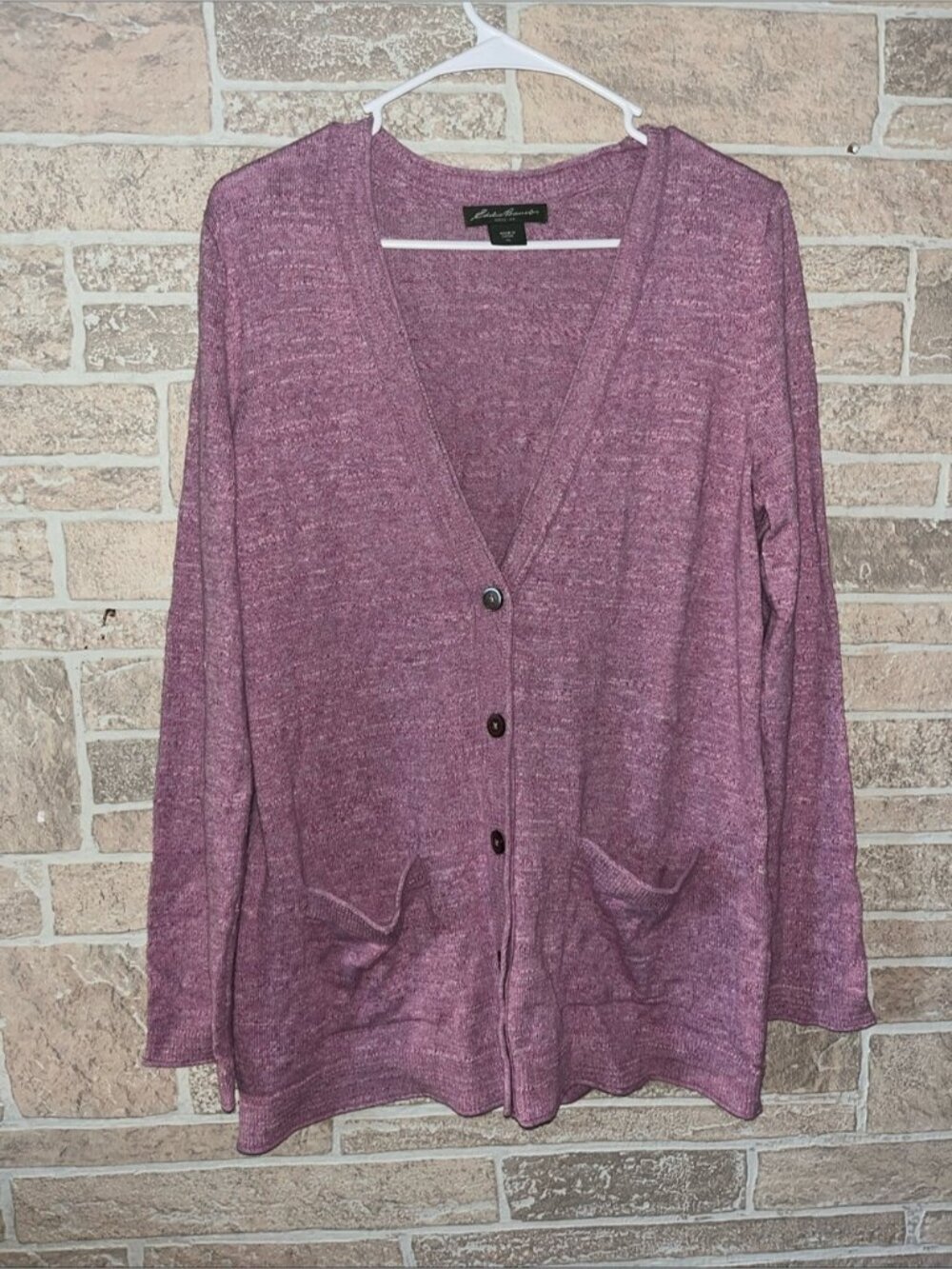 Eddie Bauer Heathered Plum Button-Up V-Neck Cardigan